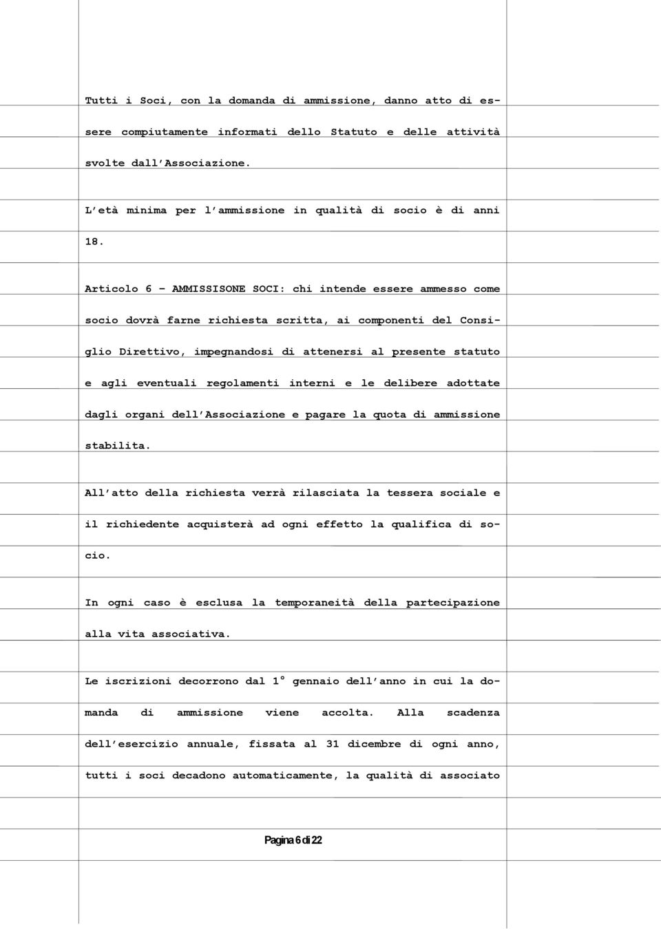 Articolo 6 AMMISSISONE SOCI: chi intende essere ammesso come socio dovrà farne richiesta scritta, ai componenti del Consiglio Direttivo, impegnandosi di attenersi al presente statuto e agli eventuali