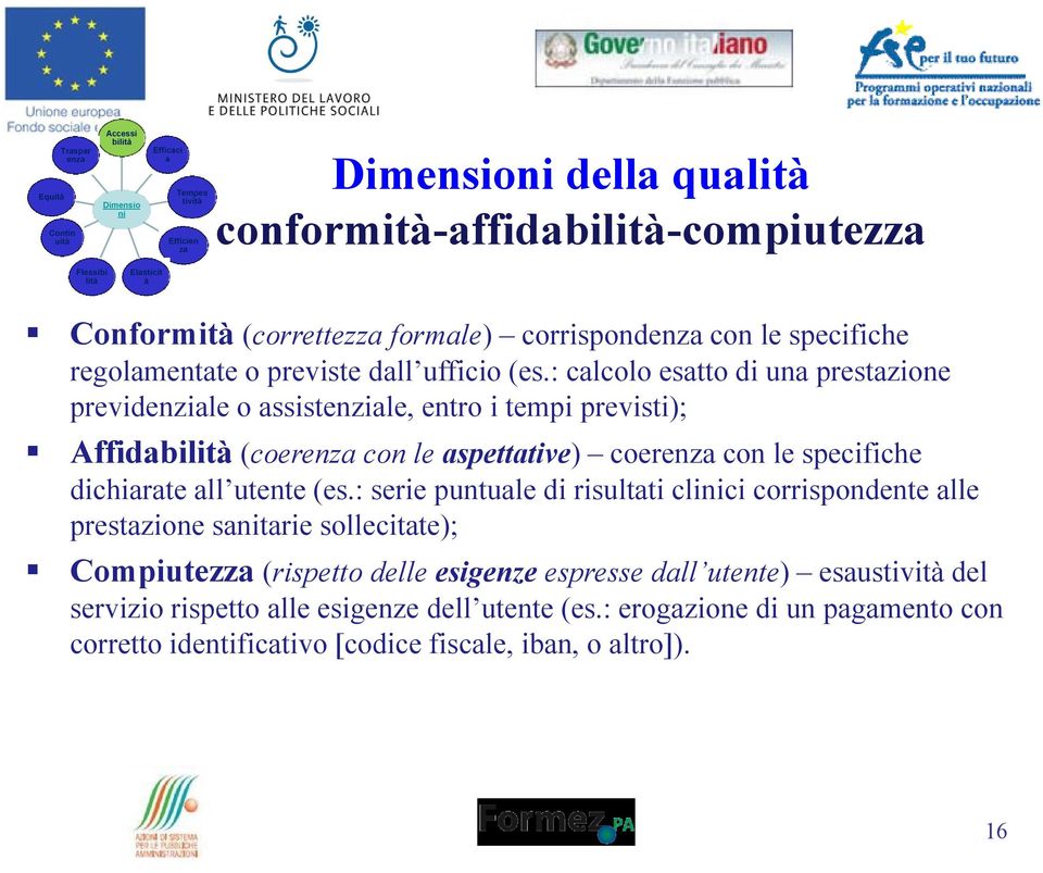 : calcolo esatto di una prestazione previdenziale o assistenziale, entro i tempi previsti); Affidabilità (coerenza con le aspettative) coerenza con le specifiche dichiarate all utente (es.