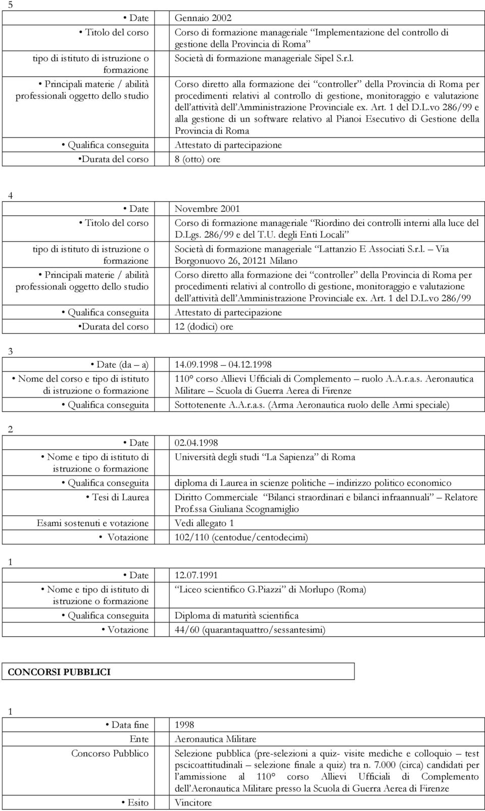 Corso diretto alla dei controller della Provincia di Roma per procedimenti relativi al controllo di gestione, monitoraggio e valutazione dell attività dell Amministrazione Provinciale ex. Art.