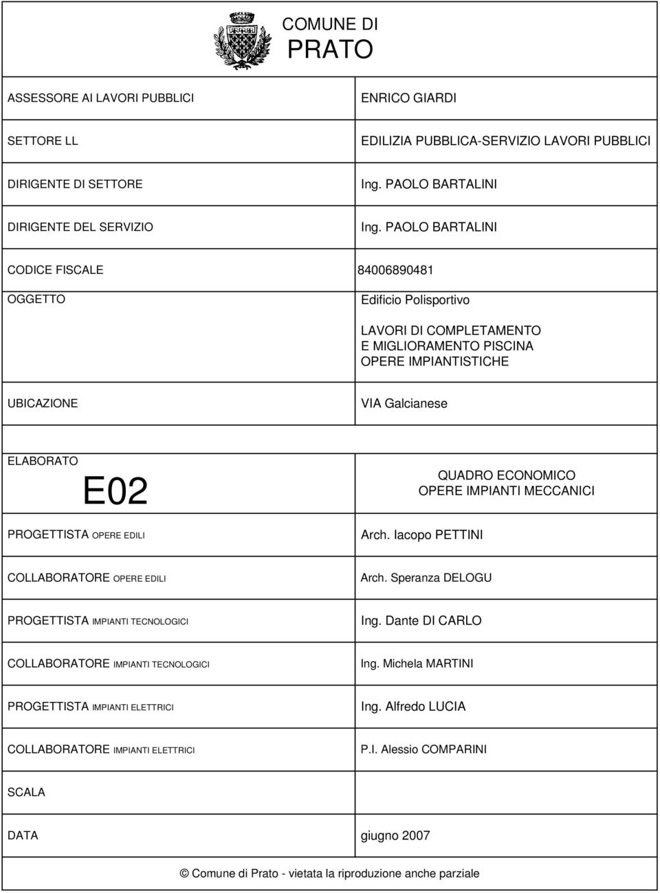 PROGETTISTA OPERE EDILI Arch. Iacopo PETTINI COLLABORATORE OPERE EDILI Arch. Speranza DELOGU PROGETTISTA IMPIANTI TECNOLOGICI Ing. Dante DI CARLO COLLABORATORE IMPIANTI TECNOLOGICI Ing.