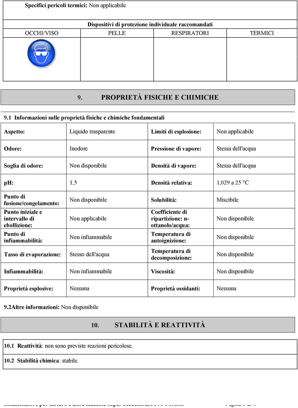 odore: Non disponibile Densità di vapore: Stessa dell'acqua ph: 1,5 Densità relativa: 1,029 a 25 C Punto di fusione/congelamento: Punto iniziale e intervallo di ebollizione: Punto di infiammabilità: