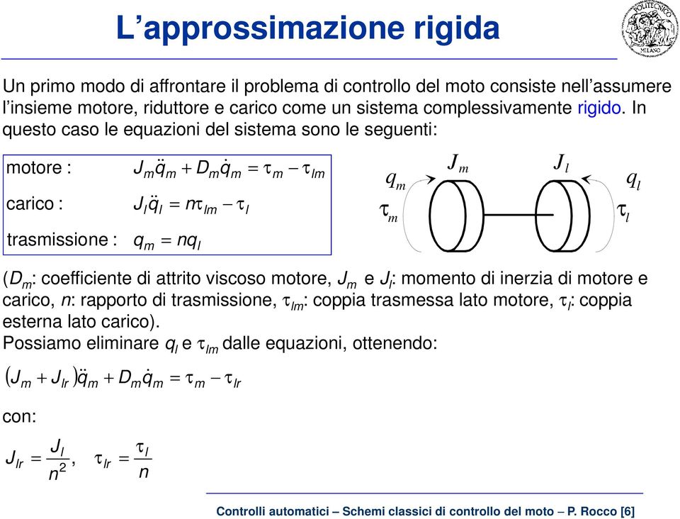 J e J l : oento di ineria di otore e carico, n: rapporto di traiione, τ l : coppia traea lato otore, τ l : coppia eterna lato carico).