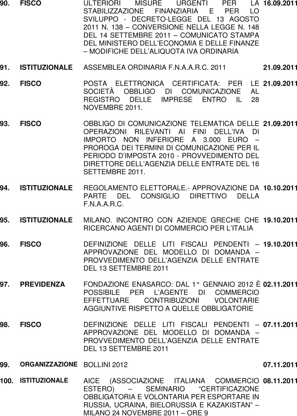 FISCO POSTA ELETTRONICA CERTIFICATA: PER LE SOCIETÀ OBBLIGO DI COMUNICAZIONE AL REGISTRO DELLE IMPRESE ENTRO IL 28 NOVEMBRE 2011. 93.