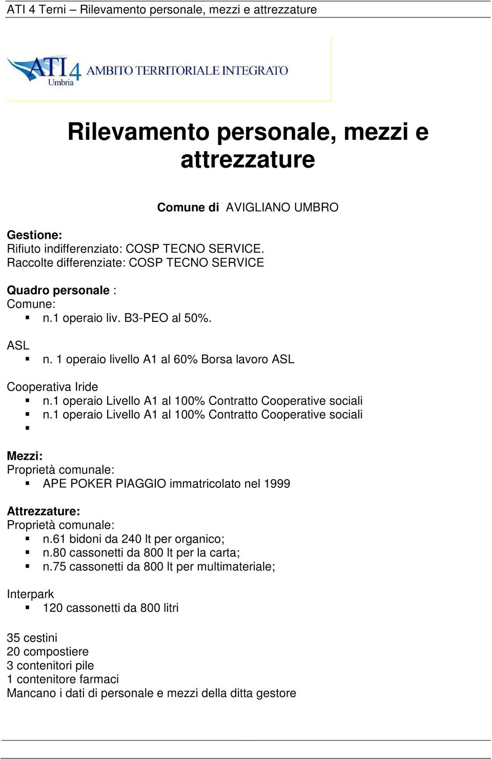 1 operaio Livello A1 al 100% Contratto Cooperative sociali APE POKER PIAGGIO immatricolato nel 1999 n.61 bidoni da 240 lt per organico; n.