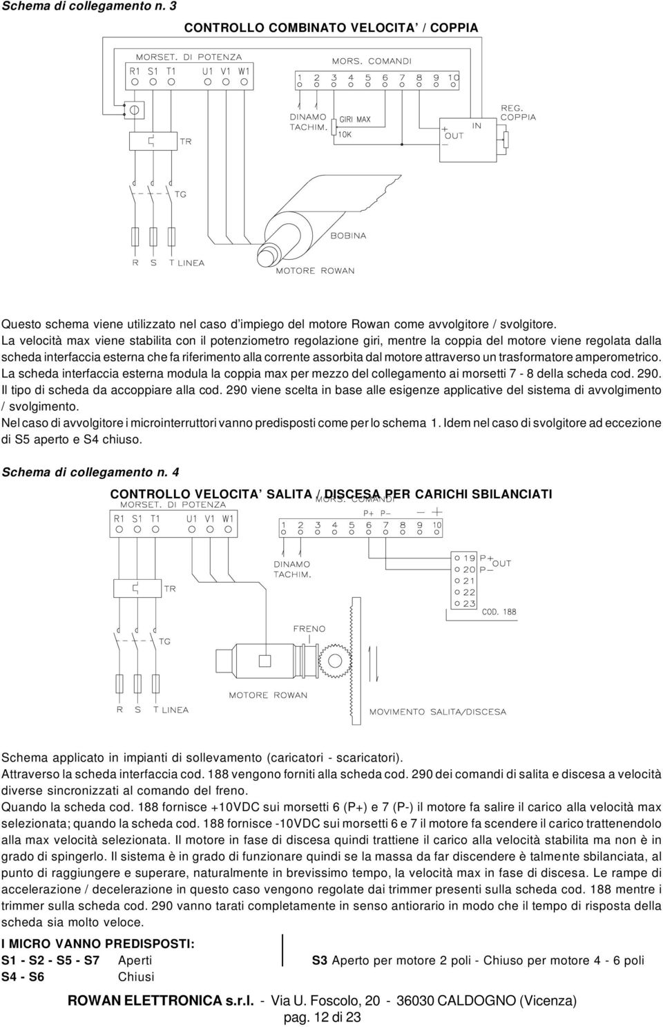 motore attraverso un trasformatore amperometrico. La scheda interfaccia esterna modula la coppia max per mezzo del collegamento ai morsetti 7-8 della scheda cod. 290.