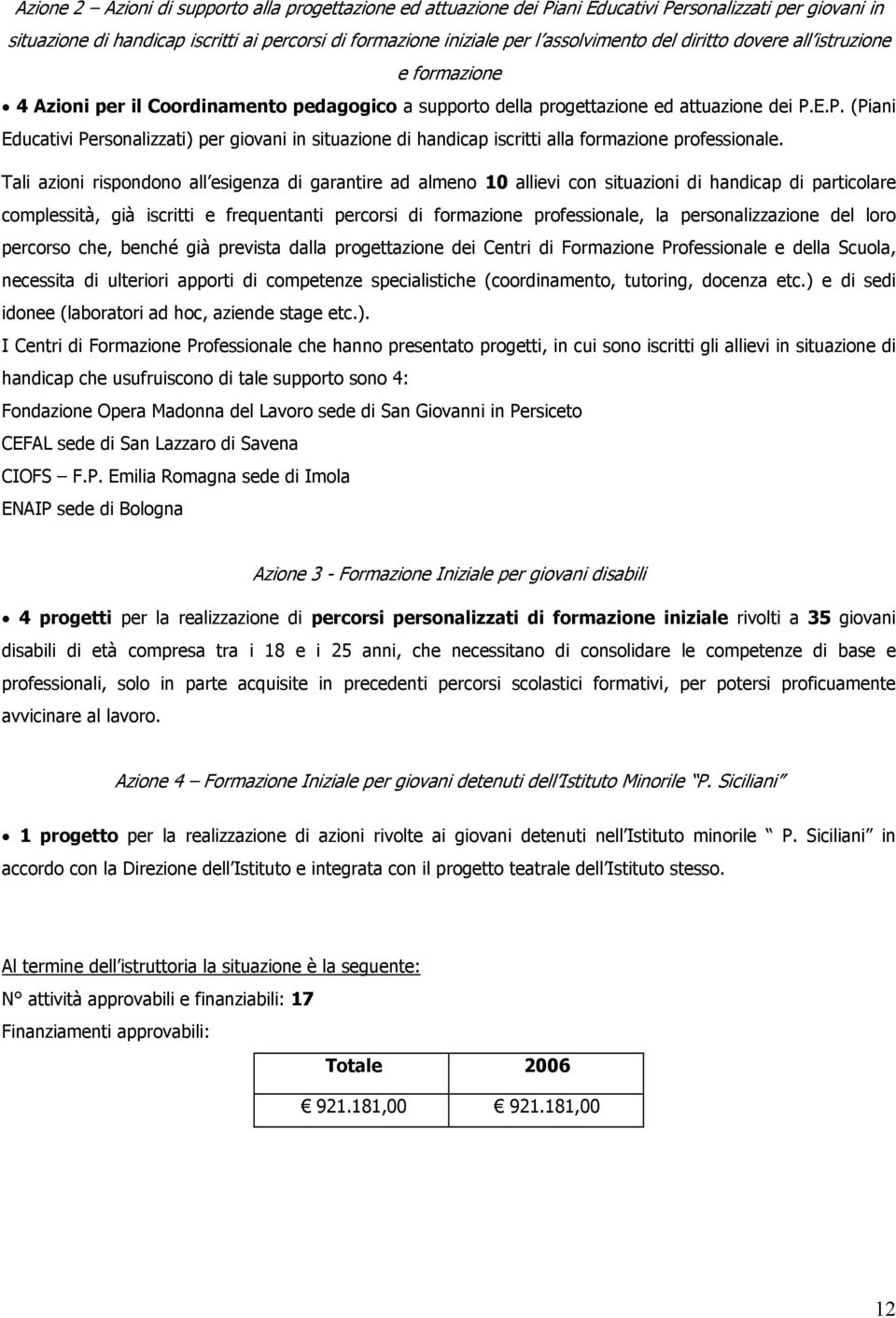 E.P. (Piani Educativi Personalizzati) per giovani in situazione di handicap iscritti alla formazione professionale.