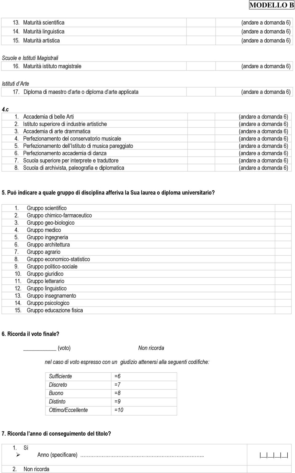 Istituto superiore di industrie artistiche (andare a domanda 6) 3. Accademia di arte drammatica (andare a domanda 6) 4. Perfezionamento del conservatorio musicale (andare a domanda 6) 5.