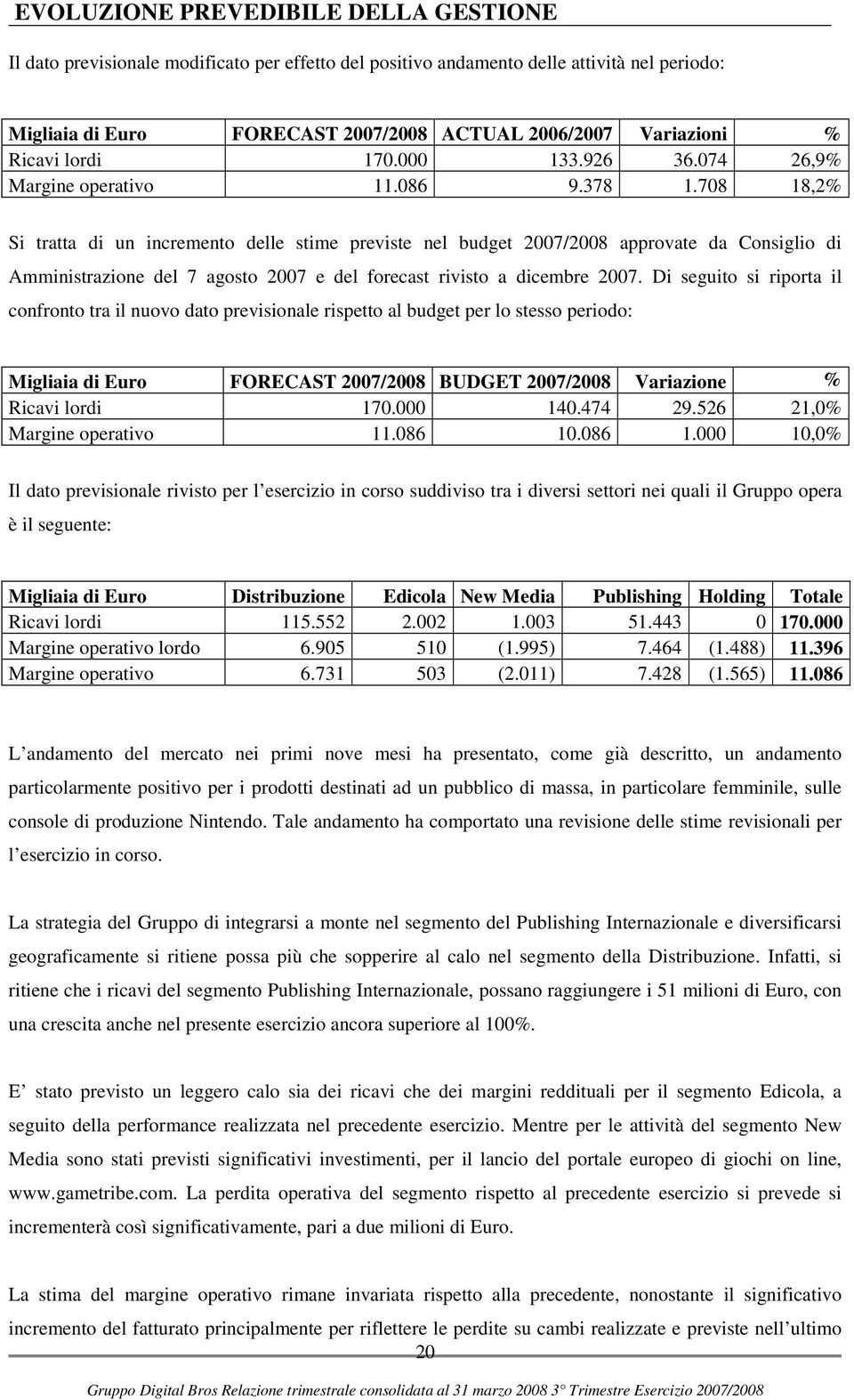 708 18,2% Si tratta di un incremento delle stime previste nel budget 2007/2008 approvate da Consiglio di Amministrazione del 7 agosto 2007 e del forecast rivisto a dicembre 2007.