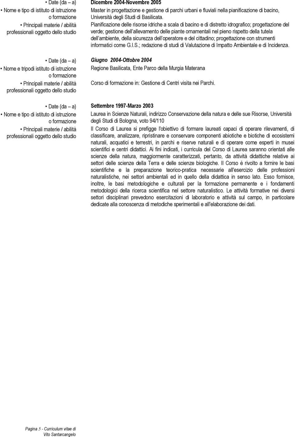 Principali materie / abilità Pianificazione delle risorse idriche a scala di bacino e di distretto idrografico; progettazione del professionali oggetto dello studio verde; gestione dell allevamento