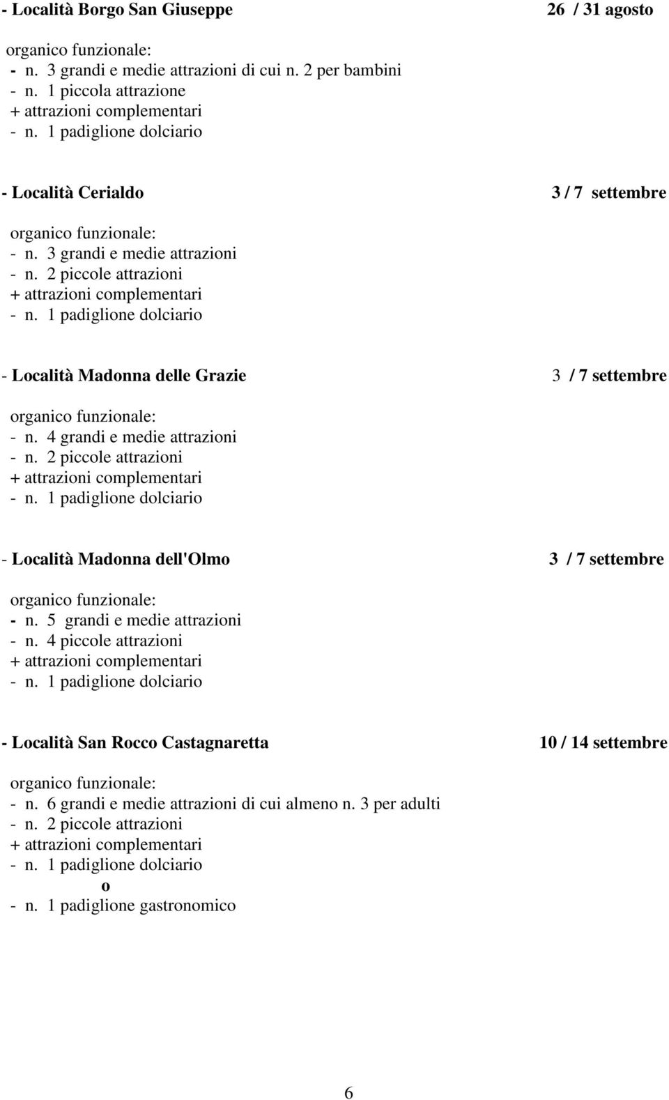 2 piccole attrazioni - Località Madonna delle Grazie 3 / 7 settembre - n. 4 grandi e medie attrazioni - n.