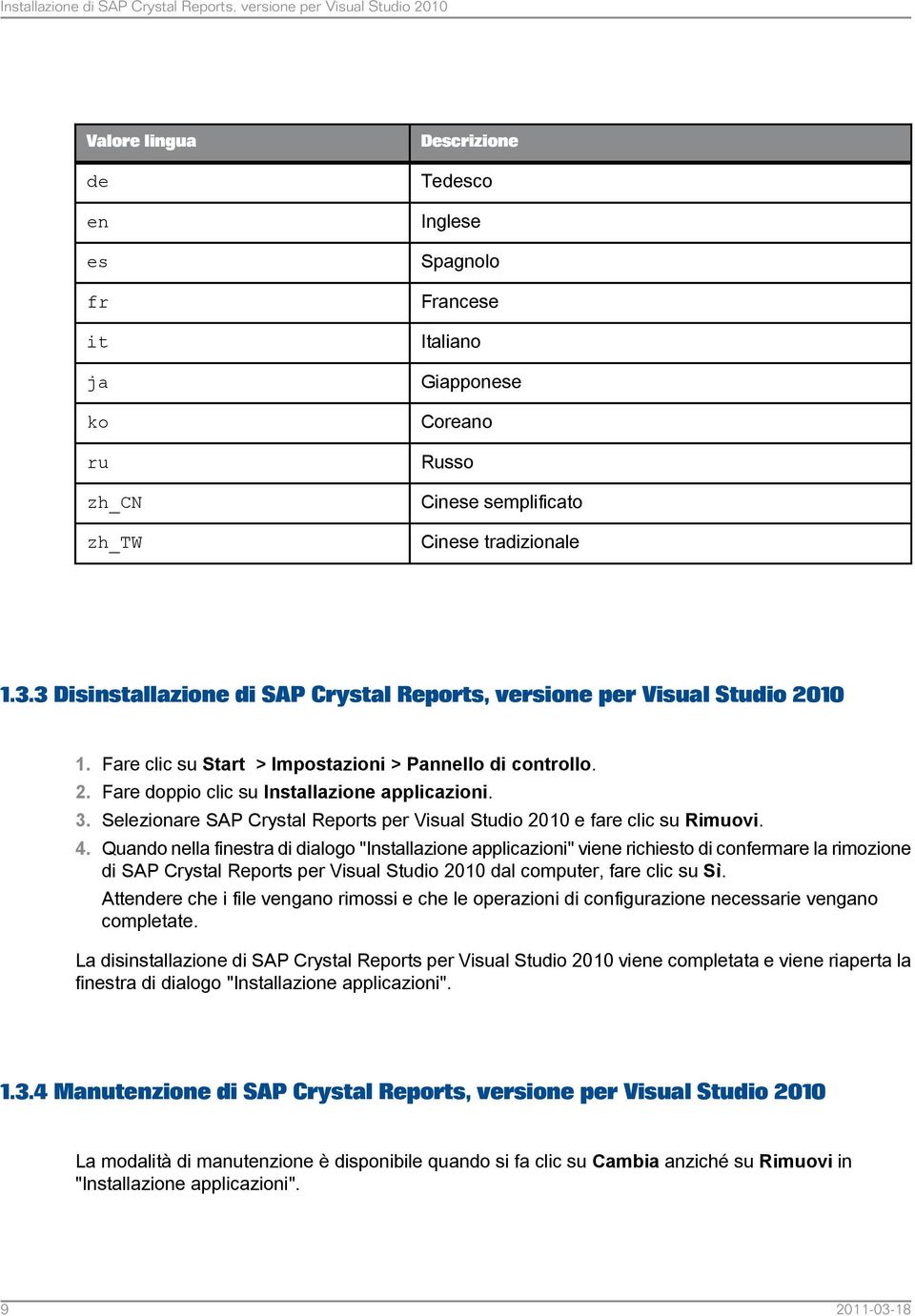 3. Selezionare SAP Crystal Reports per Visual Studio 2010 e fare clic su Rimuovi. 4.