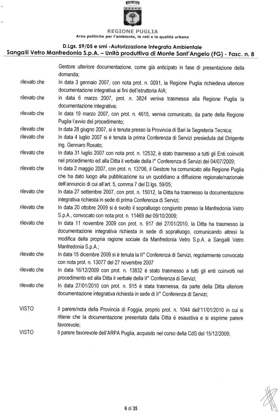 n. 3824 venva trasmessa alla Regone Pugla la documentazone nt