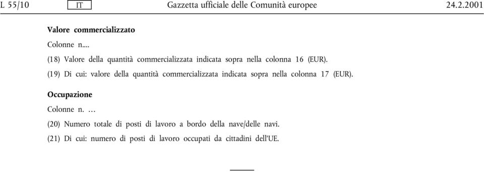 (19) Di cui: valore della quantità commercializzata indicata sopra nella colonna 17 (EUR).