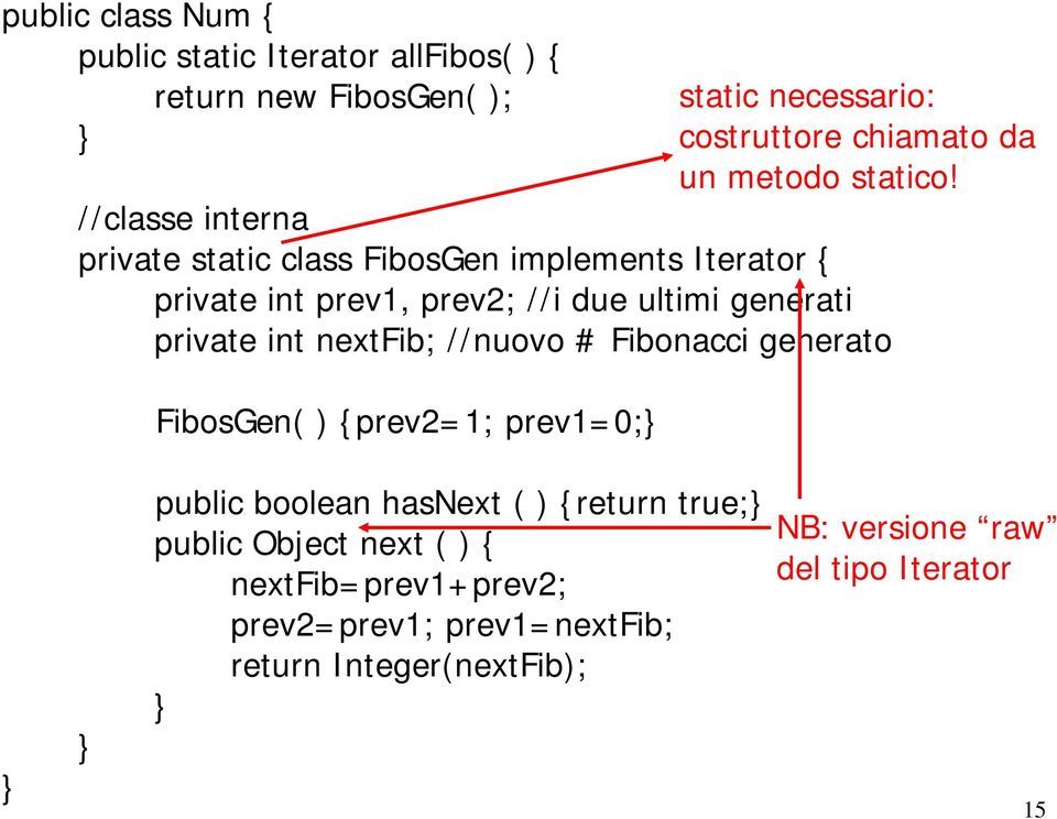 FibosGen( ) {prev2=1; prev1=0; static necessario: costruttore chiamato da un metodo statico!