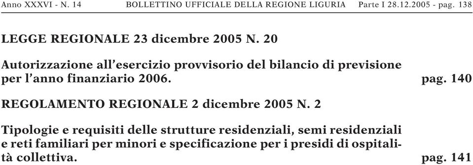 20 Autorizzazione all esercizio provvisorio del bilancio di previsione per l anno finanziario 2006. pag.