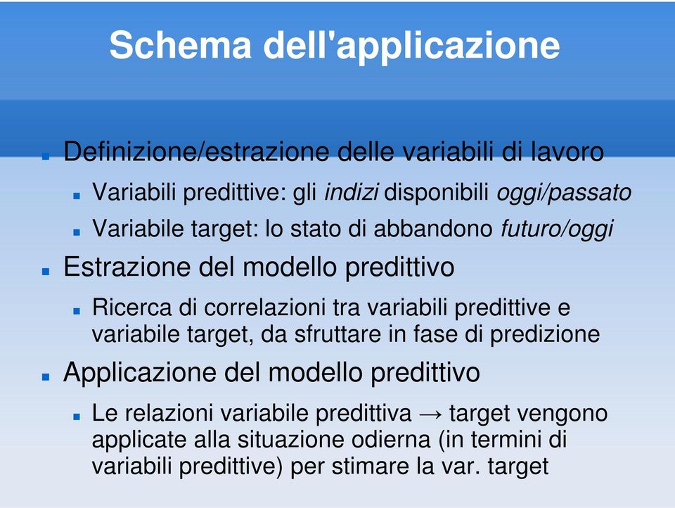 tra variabili predittive e variabile target, da sfruttare in fase di predizione Applicazione del modello predittivo Le