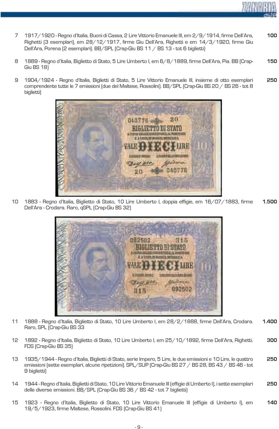 BB (Crap- Giu BS 18) 9 1904/1924 - Regno d Italia, Biglietti di Stato, 5 Lire Vittorio Emanuele III, insieme di otto esemplari comprendente tutte le 7 emissioni (due del Maltese, Rossolini).