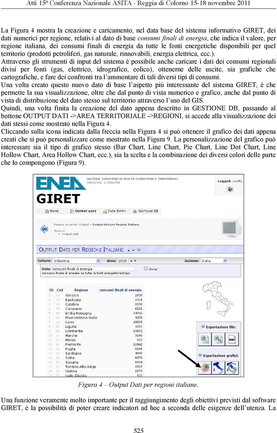 Attraverso gli strumenti di input del sistema è possibile anche caricare i dati dei consumi regionali divisi per fonti (gas, elettrico, idrografico, eolico), ottenerne delle uscite, sia grafiche che