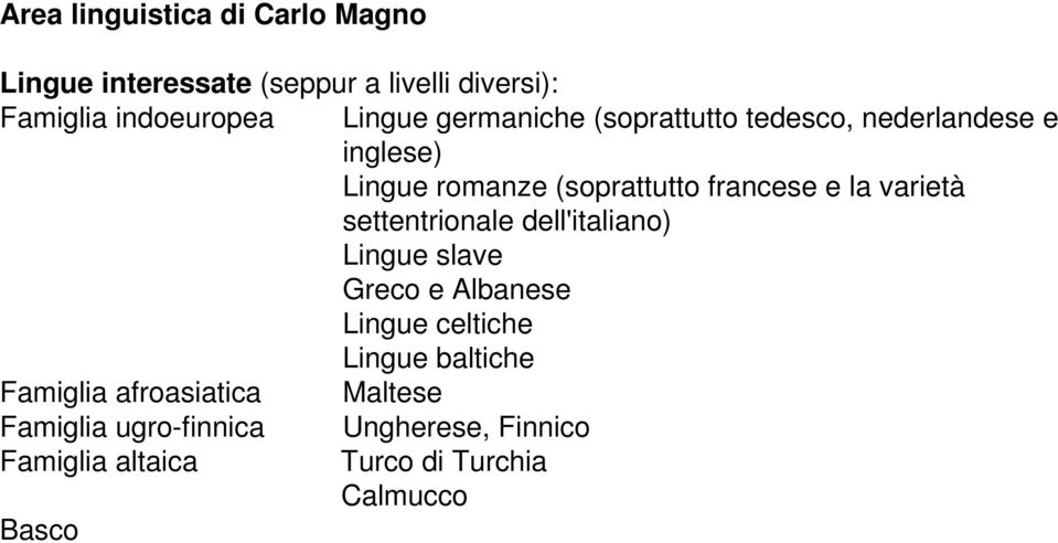 settentrionale dell'italiano) Lingue slave Greco e Albanese Lingue celtiche Lingue baltiche Famiglia