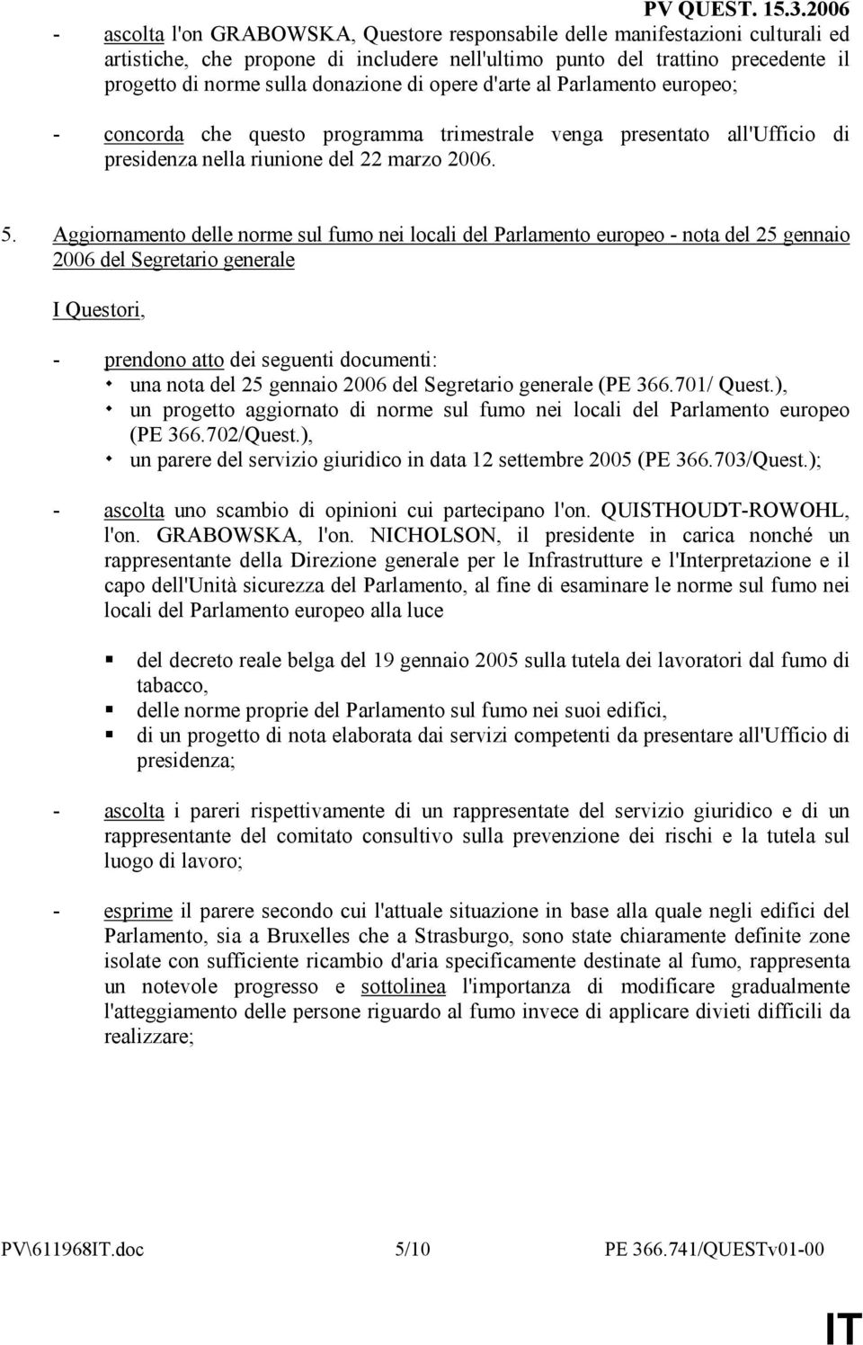 Aggiornamento delle norme sul fumo nei locali del Parlamento europeo - nota del 25 gennaio 2006 del Segretario generale - prendono atto dei seguenti documenti: una nota del 25 gennaio 2006 del