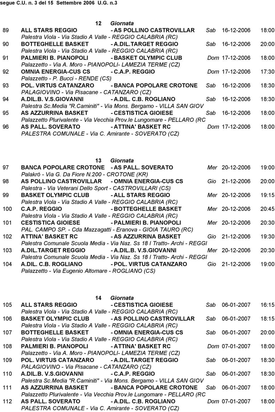 DIL. C.B. ROGLIANO Sab 16-12-2006 18:30 95 AS AZZURRINA BASKET - CESTISTICA GIOIESE Sab 16-12-2006 18:00 96 AS PALL.