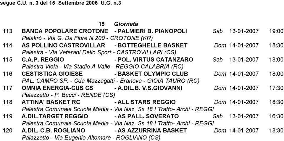 VIRTUS CATANZARO Sab 13-01-2007 18:00 116 CESTISTICA GIOIESE - BASKET OLYMPIC CLUB Dom 14-01-2007 18:00 117 OMNIA ENERGIA-CUS CS - A.DIL.