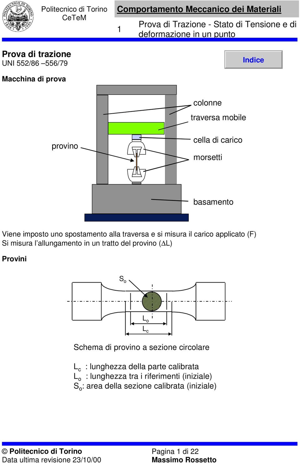 L) Provii S o L o L c Schema di provio a sezioe circolare L c : lughezza della parte calibrata L o : lughezza tra i