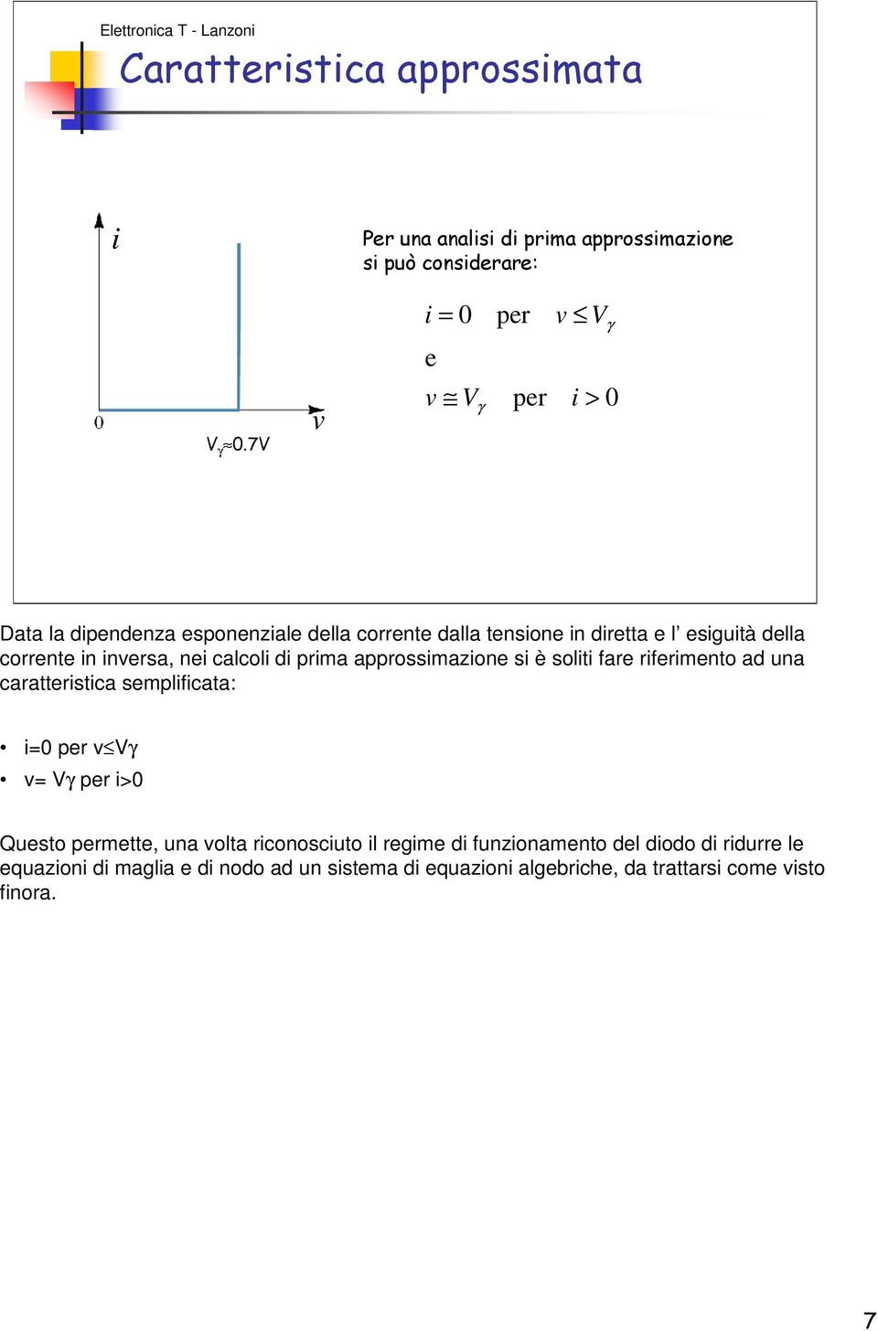 calcoli di prima approssimazione si è soliti fare riferimento ad una caratteristica semplificata: i=0 per v γ v= γ per i>0 Questo permette,