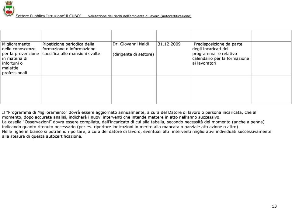 2009 Predisposizione da parte degli incaricati del programma e relativo calendario per la formazione ai lavoratori Il Programma di Miglioramento dovrà essere aggiornato annualmente, a cura del Datore