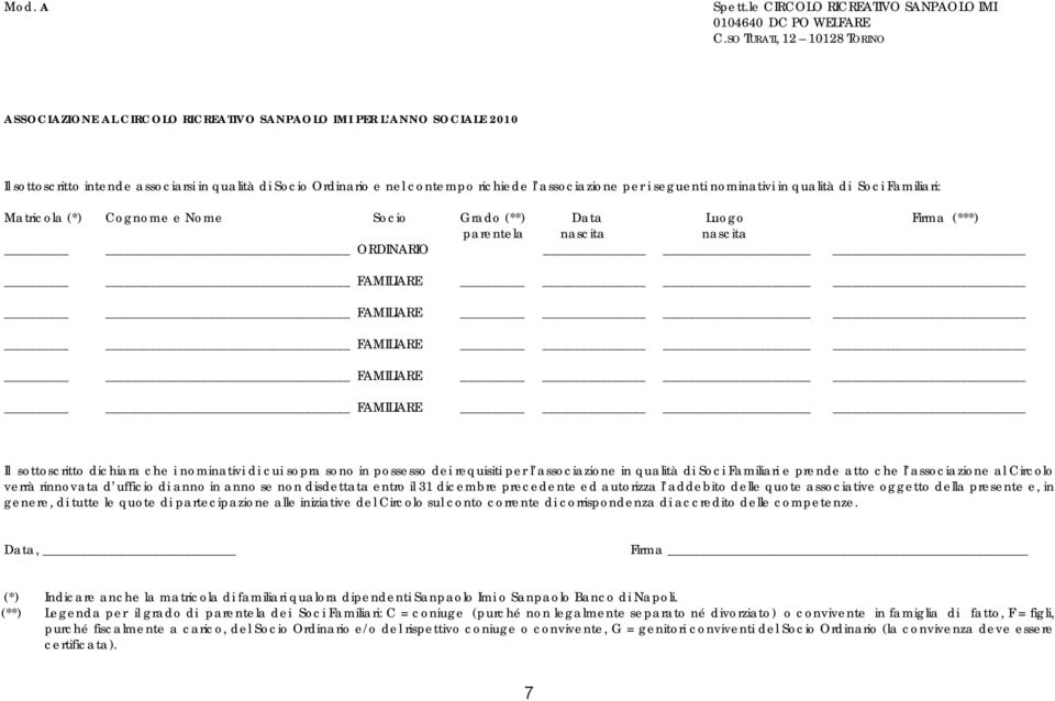 associazione per i seguenti nominativi in qualità di Soci Familiari: Matricola (*) Cognome e Nome Socio Grado (**) Data Luogo Firma (***) parentela nascita nascita ORDINARIO FAMILIARE FAMILIARE