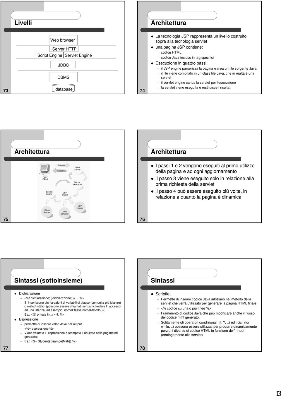 realtà è una servlet il servlet engine carica la servlet per l esecuzione la servlet viene eseguita e restituisce i risultati Architettura Architettura I passi 1 e 2 vengono eseguiti al primo