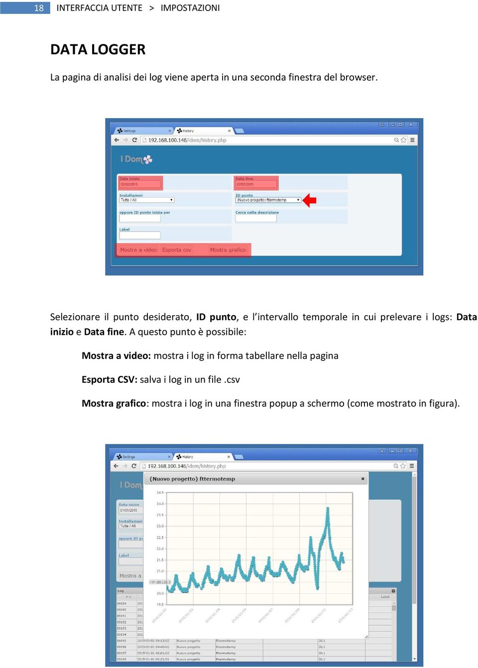 Selezionare il punto desiderato, ID punto, e l intervallo temporale in cui prelevare i logs: Data inizio e Data