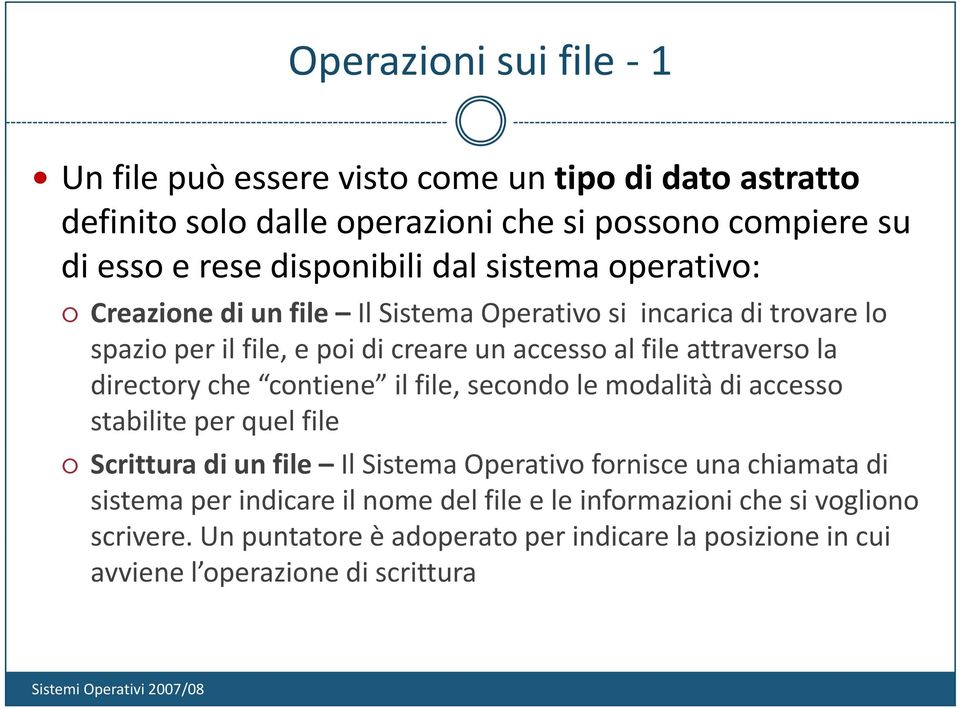 attraverso la directory che contiene il file, secondo le modalità di accesso stabilite per quel file Scrittura di un file Il Sistema Operativo fornisce una