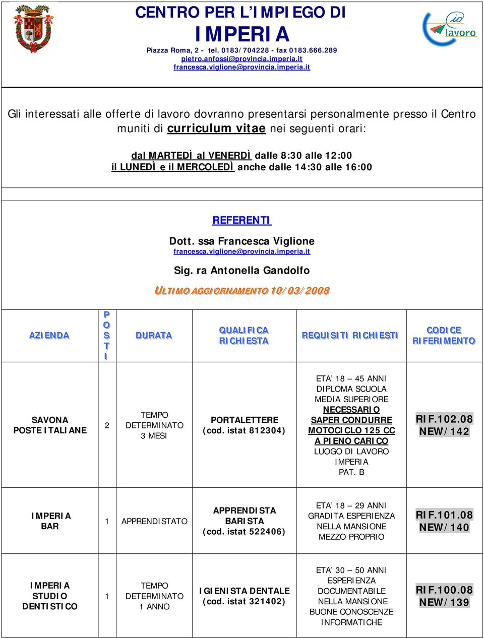 it Gli interessati alle offerte di lavoro dovranno presentarsi personalmente presso il Centro muniti di curriculum vitae nei seguenti orari: dal MARTEDÌ al VENERDÌ dalle 8:30 alle 2:00 il LUNEDÌ e il