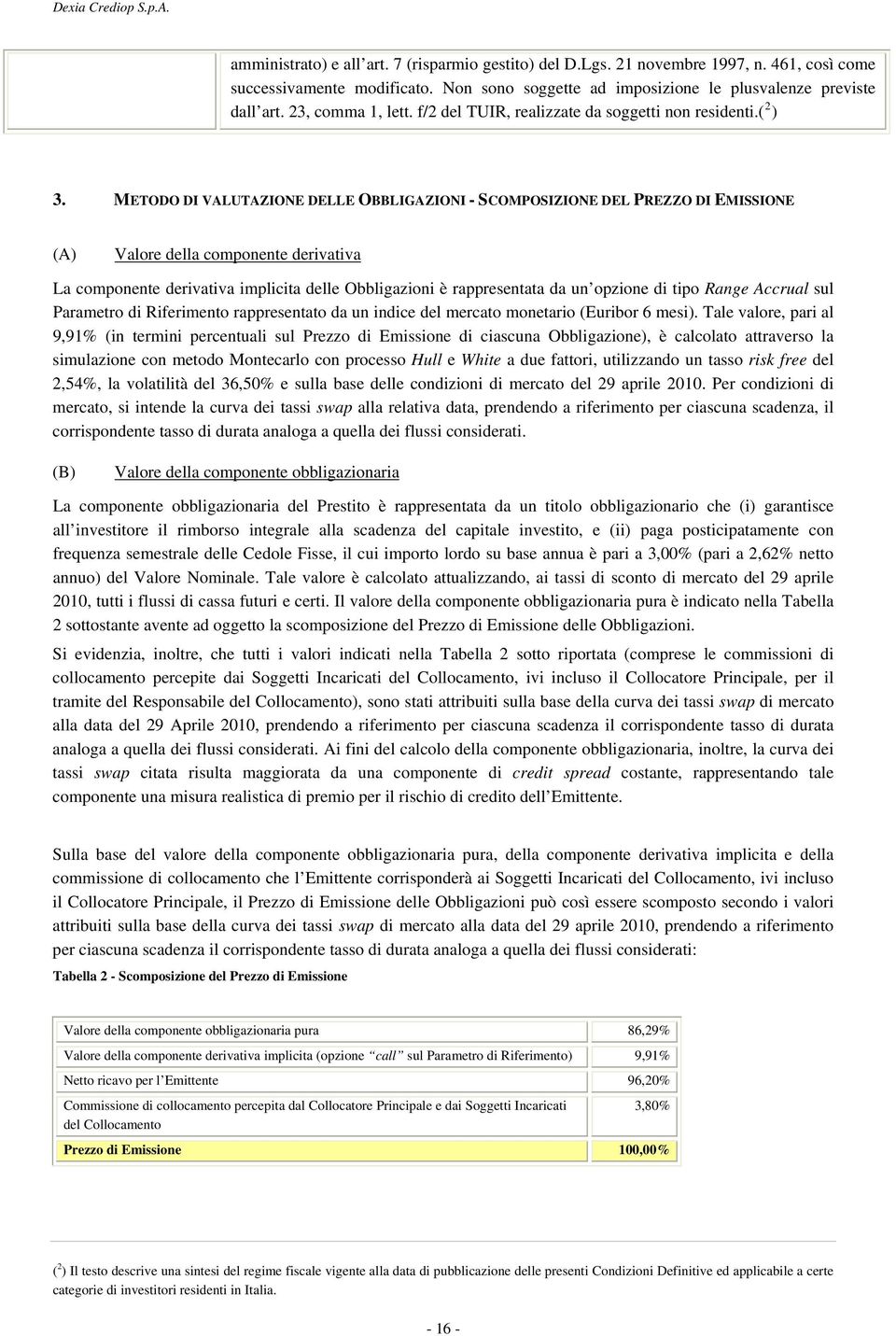 METODO DI VALUTAZIONE DELLE OBBLIGAZIONI - SCOMPOSIZIONE DEL PREZZO DI EMISSIONE (A) Valore della componente derivativa La componente derivativa implicita delle Obbligazioni è rappresentata da un