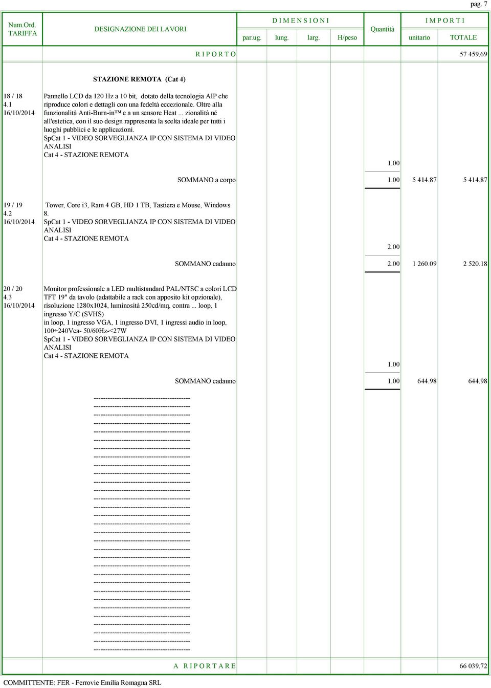 Cat 4 - STAZIONE REMOTA SOMMANO a corpo 5 414.87 5 414.87 19 / 19 Tower, Core i3, Ram 4 GB, HD 1 TB, Tastiera e Mouse, Windows 4.2 8. 16/10/2014 Cat 4 - STAZIONE REMOTA 2.00 SOMMANO cadauno 2.