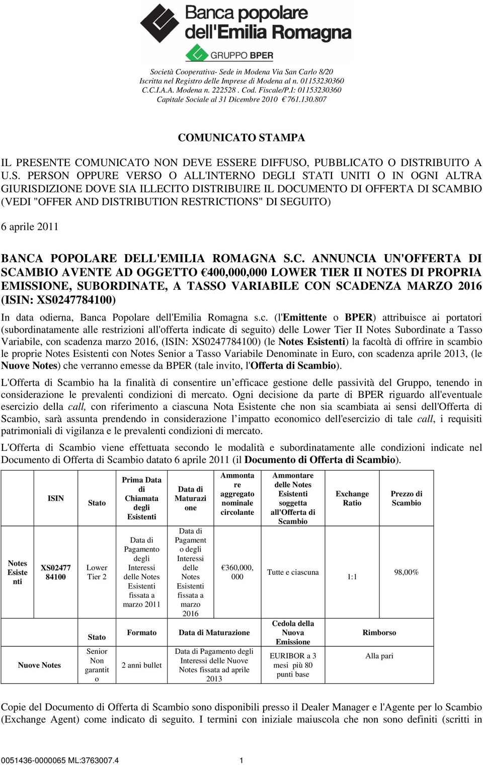 ciale al 31 Dicembre 2010 761.130.807 COMUNICATO ST