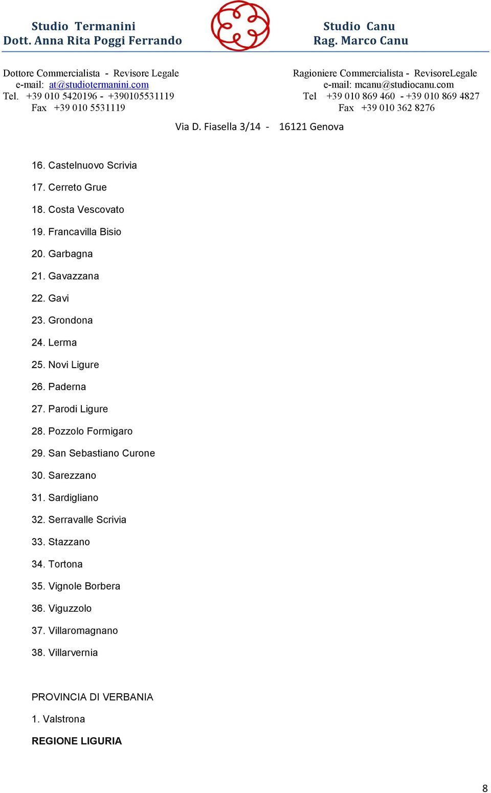 Pozzolo Formigaro 29. San Sebastiano Curone 30. Sarezzano 31. Sardigliano 32. Serravalle Scrivia 33.