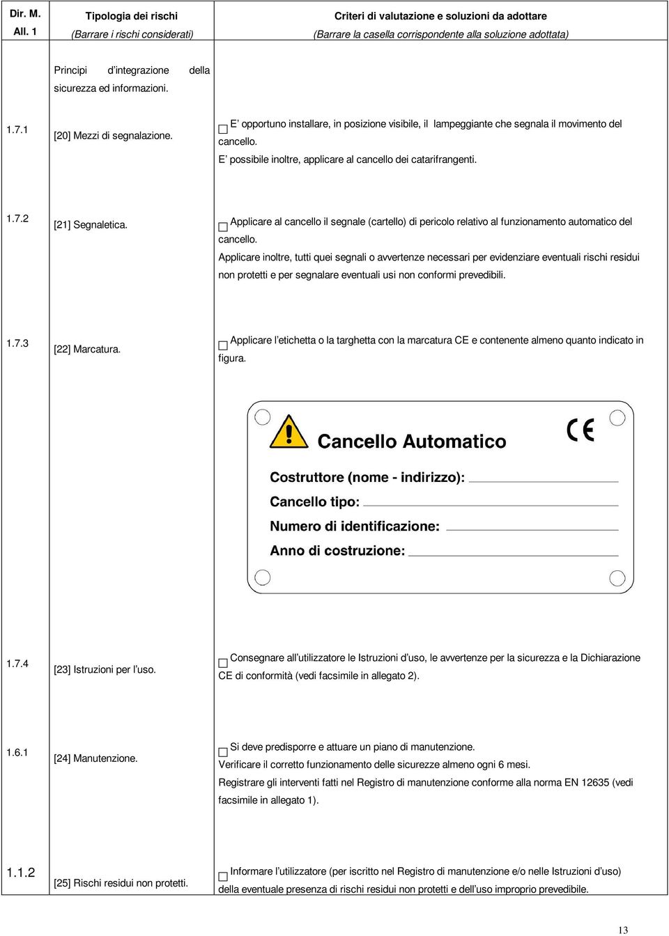 sicurezza ed informazioni. 1.7.1 [20] Mezzi di segnalazione. E opportuno installare, in posizione visibile, il lampeggiante che segnala il movimento del cancello.