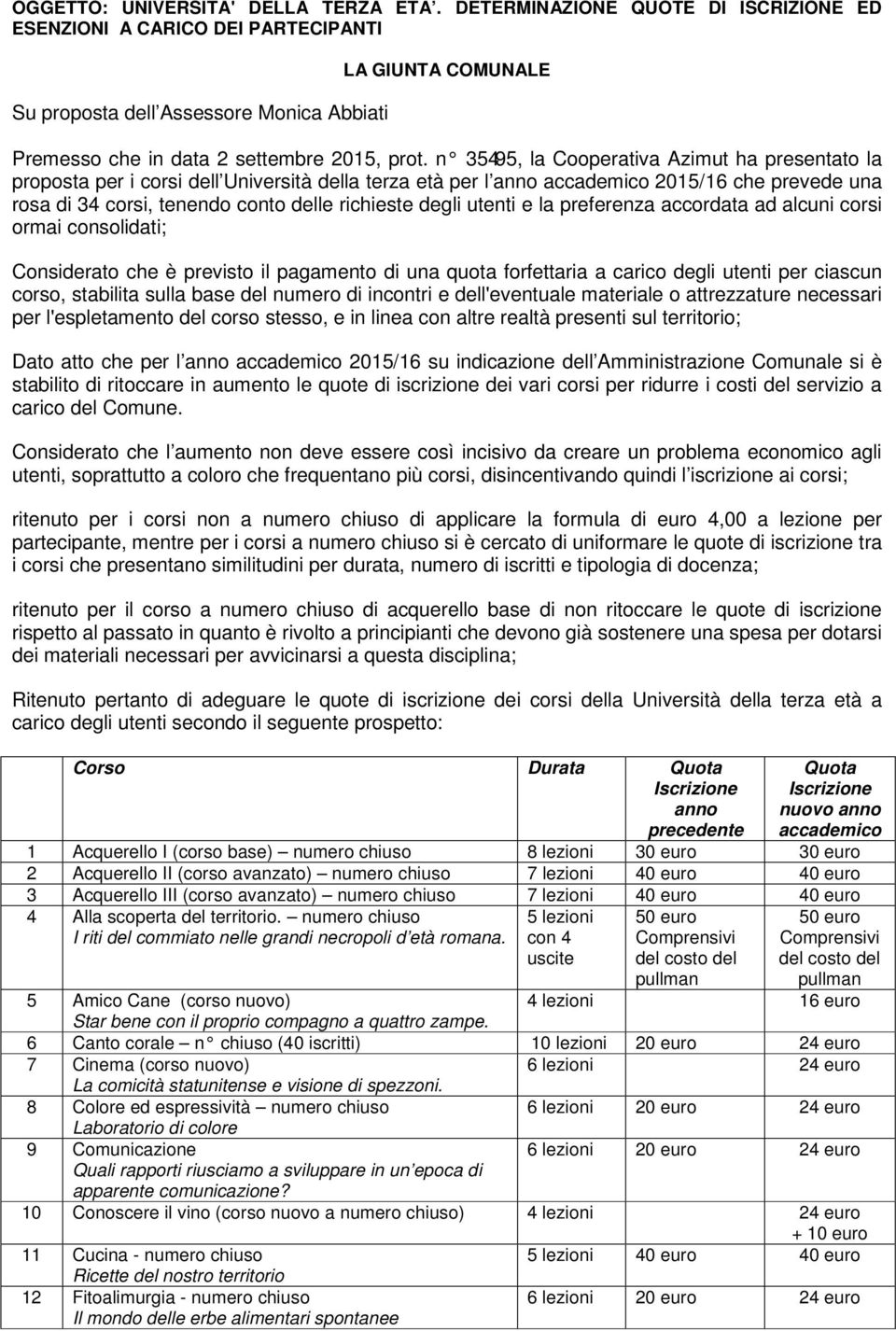 n 35495, la Cooperativa Azimut ha presentato la proposta per i corsi dell Università della terza età per l anno accademico 2015/16 che prevede una rosa di 34 corsi, tenendo conto delle richieste