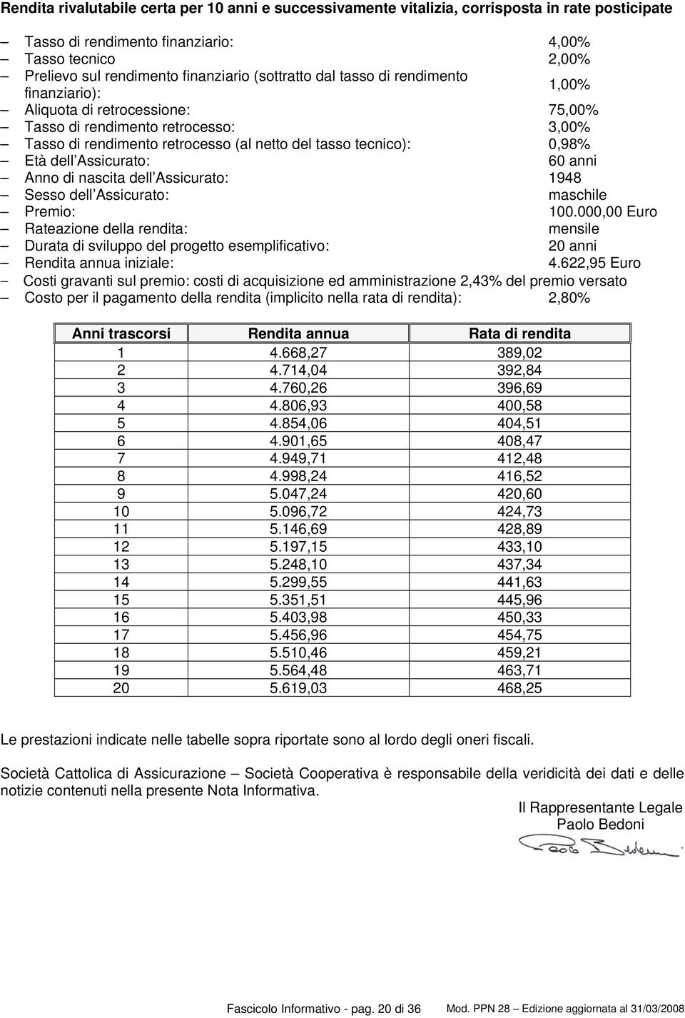 dell Assicurato: 60 anni Anno di nascita dell Assicurato: 1948 Sesso dell Assicurato: maschile Premio: 100.