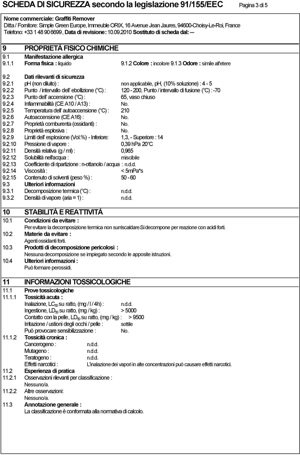 2.3 Punto dell accensione ( C) : 65, vaso chiuso 9.2.4 Infiammabilità (CE A10 / A13) : No. 9.2.5 Temperatura dell autoaccensione ( C) : 210 9.2.6 Autoaccensione (CE A16) : No. 9.2.7 Proprietà comburenta (ossidanti) : No.