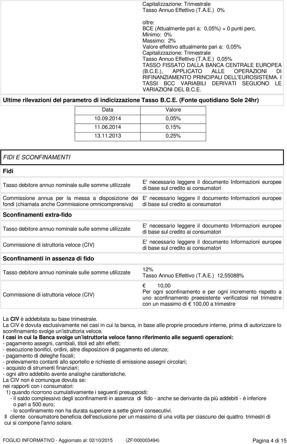 I TASSI BCC VARIABILI DERIVATI SEGUONO LE VARIAZIONI DEL B.C.E. Ultime rilevazioni del parametro di indicizzazione Tasso B.C.E. (Fonte quotidiano Sole 24hr) Data Valore 10.09.2014 0,05% 11.06.