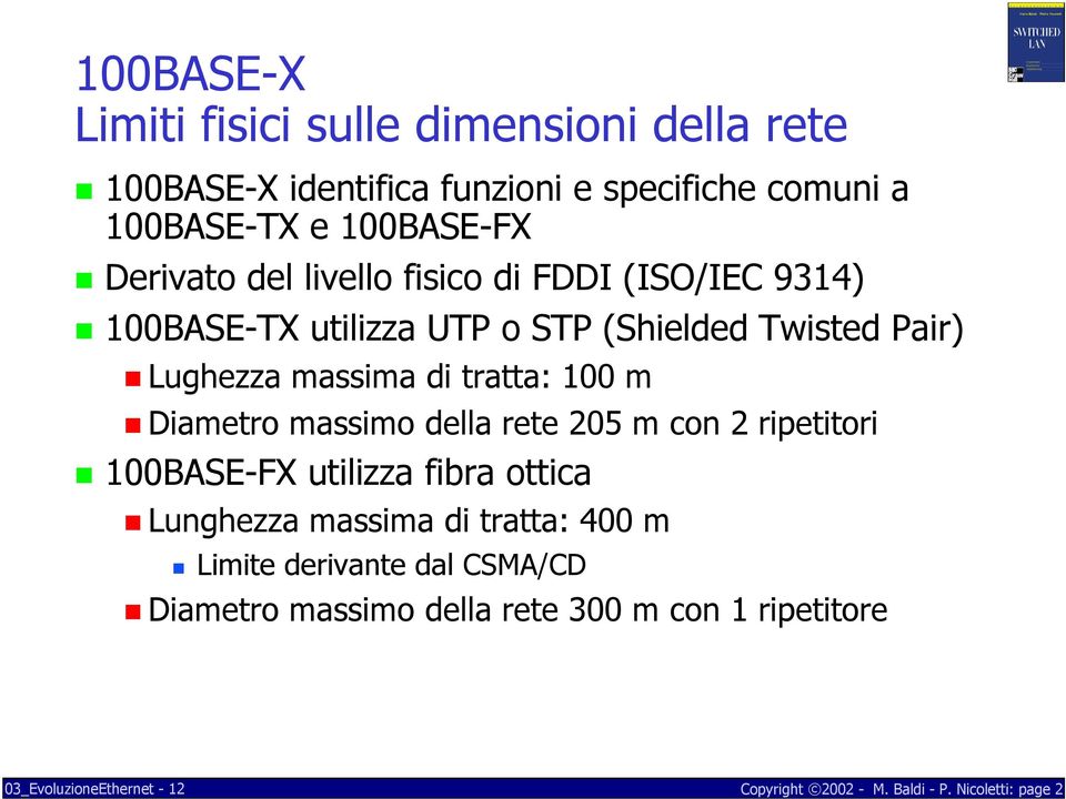 Lughezza massima di tratta: 100 m Diametro massimo della rete 205 m con 2 ripetitori 100BASE-FX utilizza fibra ottica