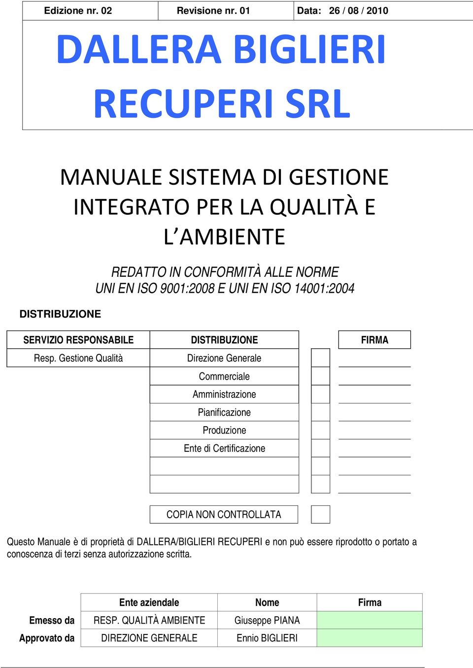 9001:2008 E UNI EN ISO 14001:2004 SERVIZIO RESPONSABILE DISTRIBUZIONE FIRMA Resp.