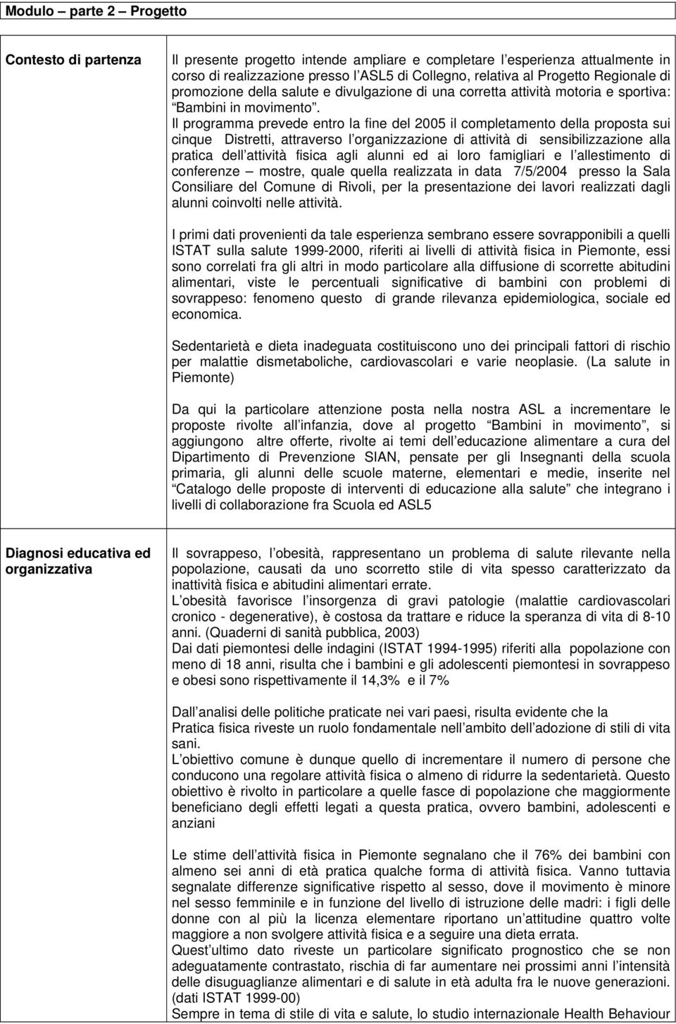 Il programma prevede entro la fine del 2005 il completamento della proposta sui cinque Distretti, attraverso l organizzazione di attività di sensibilizzazione alla pratica dell attività fisica agli