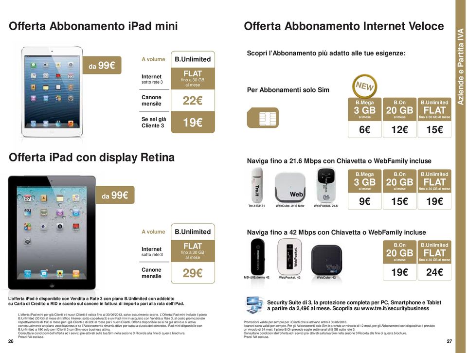 On 20 GB B.Unlimited FLAT fino a 30 GB 6 12 15 Naviga fino a 21.6 Mbps con Chiavetta o WebFamily incluse Aziende e Partita IVA da 99 Tre.it E3131 WebCube. 21.6 New WebPocket. e 21.6 B.Mega 3 GB B.