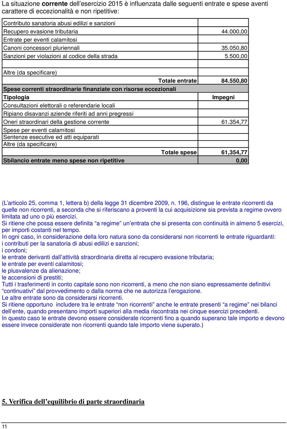 500,00 Altre (da specificare) Spese correnti straordinarie finanziate con risorse eccezionali Tipologia Consultazioni elettorali o referendarie locali Ripiano disavanzi aziende riferiti ad anni