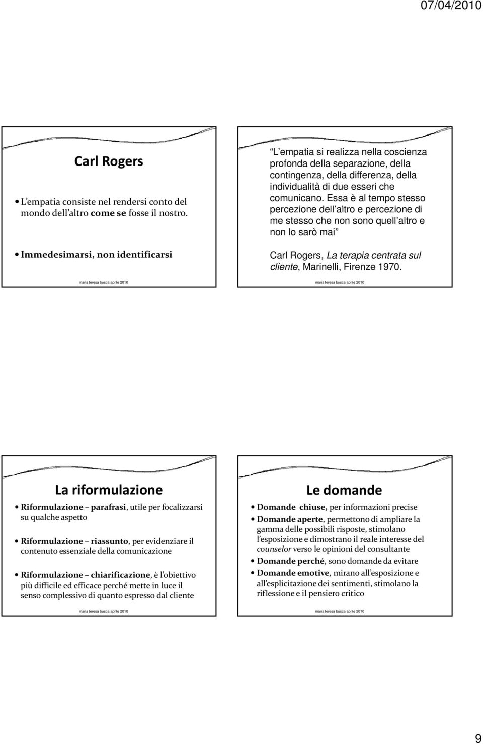 Essa è al tempo stesso percezione dell altro lt e percezione di me stesso che non sono quell altro e non lo sarò mai Carl Rogers, La terapia centrata sul cliente, Marinelli, Firenze 1970.