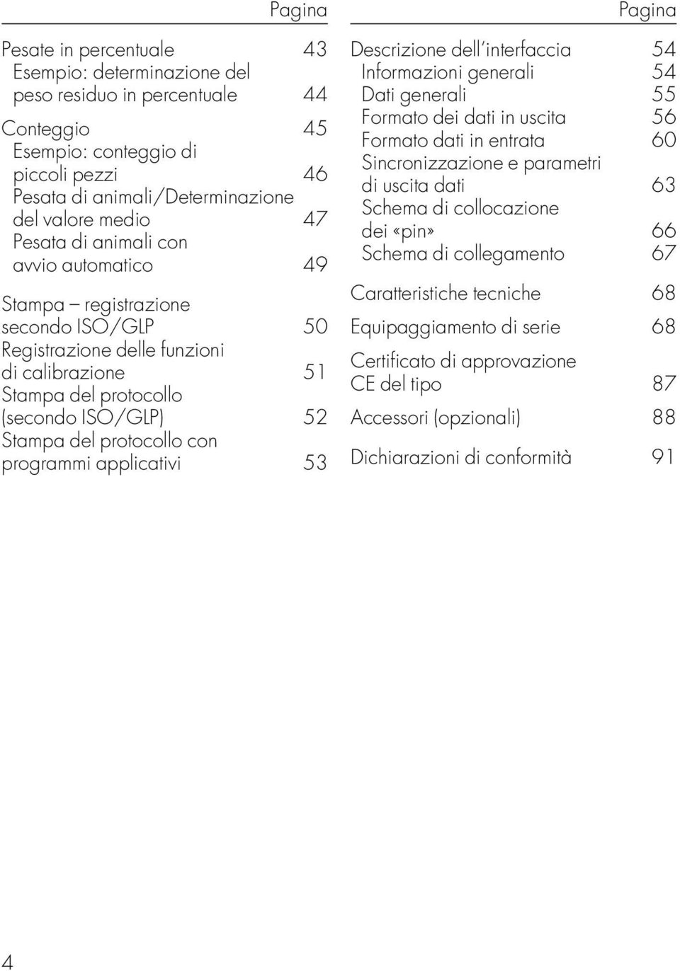 programmi applicativi 53 Pagina Descrizione dell interfaccia 54 Informazioni generali 54 Dati generali 55 Formato dei dati in uscita 56 Formato dati in entrata 60 Sincronizzazione e parametri di